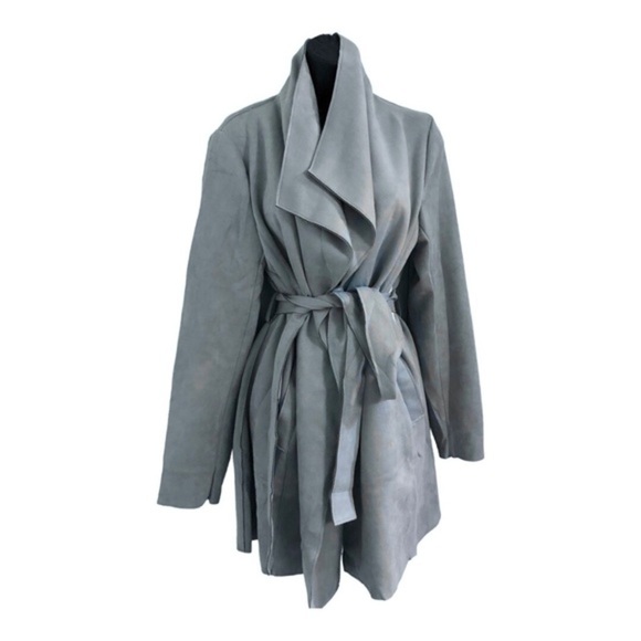 Haute monde Blue faux suede oversized shawl collar belted trench coat size Large - Picture 2 of 16